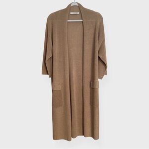 Oui – Longline Open-Front Knit Cardigan – Camel / Oatmeal Neutral